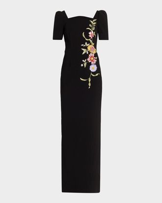 Teri Jon Scalloped Crepe Short-Sleeve Embroidered Gown