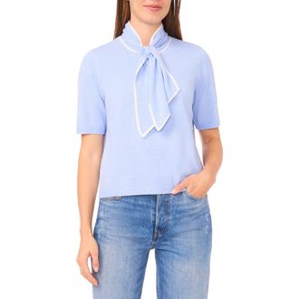 Halogen Tipped Tie Neck Short Sleeve Sweater in Sweet Blue/Ivory at Nordstrom Rack, Size Medium