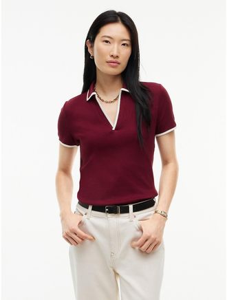 Tommy Hilfiger Womens Tipped Split Placket Stretch Polo - Burgundy - XXL