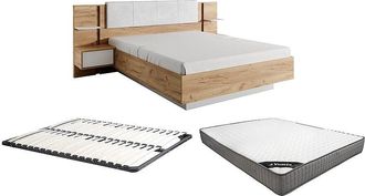 Vente-Unique Cama con mesitas de noche 160 x 200 cm - Con LEDs - Color: Natural y blanco + Somier + Colch&oacute;n - ELYNIA