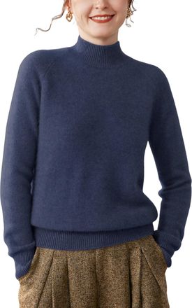 Dissa Women Cashmere Jumper Dark Blue Mock Neck Knitted Jumper Long Sleeve Relaxed Cashmere&Wool Thick Plain Ladies Sweater,UK 12,MH559