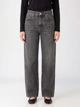 Brunello Cucinelli Jeans a gamba larga in denim di cotone a vita media con monile
