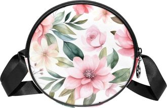 Generic Circle Crossbody Bag for Women, Floral Leaves Small Sling Bag Daypack with Zipper Adjustable Shoulder Straps Casual Ladies Girls Round Purse