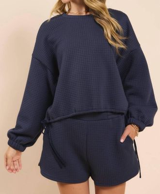 Sadie & Sage Pastime Textured Terry Side Tie Pullover In Navy