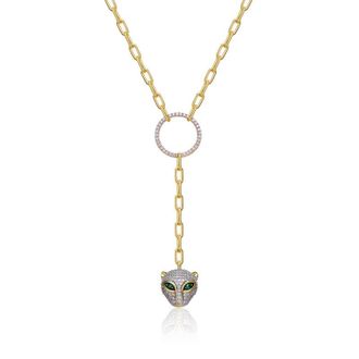 Rachel Glauber 14k Gold Plated with Emerald Green Cubic Zirconia Eyes Cat Head Link Chain Necklace