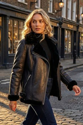 Roman Faux Fur Lined Zip Detail Aviator Jacket