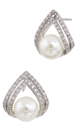 Savvy Cie Jewels RHODIUM PLATED CHEVRON WHITE CZ STUD WITH FAUX PEARLS EARRINGS