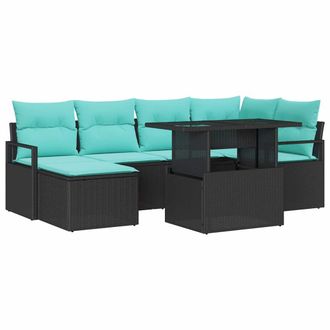 vidaXL Set Divano Da Giardino 7 Pz Nero E Blu Poly Rattan Vidaxl