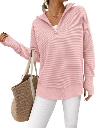 PrettyGarden Womens Long Sleeve Quarter Zip Pullover Sweater Casual Loose V Neck Collared Ribbed Knit Jumper Tops Thumb Hole, Pink, Small