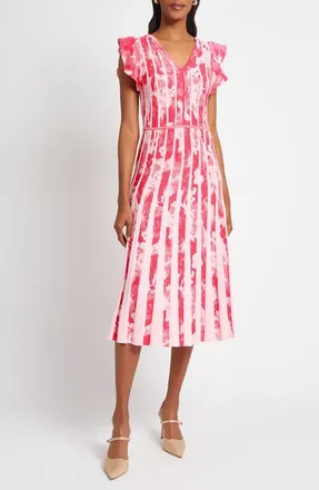 Ming Wang Fit & Flare Knit Midi Dress in Vibrant Fuchsia/Rosy Blush at Nordstrom, Size Xx-Small