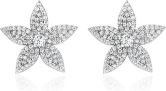 Suzy Levian White Sterling Silver White Cubic Zirconia Pave Curved Flower Earrings