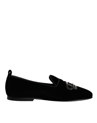 Dolce & Gabbana Black Velvet Crystal Crown Loafers Formal Dress Mens Shoes