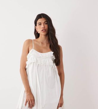 Fashionkilla Esclusiva Fashionkilla - Vestito corto stile babydoll in popeline bianco con spalline sottili e volant sul fondo-Giallo