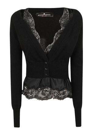 Ermanno Scervino Layered Black Cashmere Cardigan with Floral Lace Trim