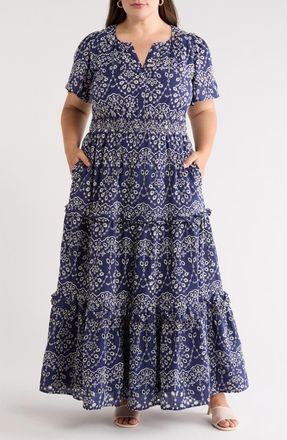Sugarlips Viridiana Tiered Floral Eyelet Maxi Dress in Denim Blue at Nordstrom, Size 1X