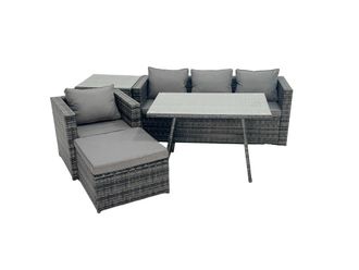 Fimous Rattan Dining Table Sofa Set with Side Table Big Footstool Outdoor in Dark Grey