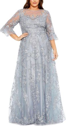 Mac Duggal Plus Flutter Sleeve Embellished A-Line Gown