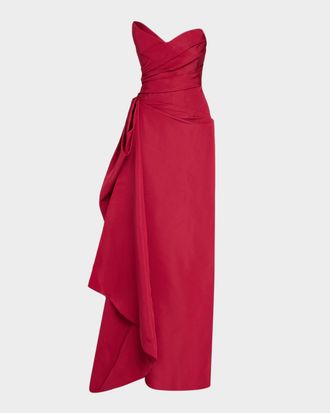 Monique Lhuillier Strapless Sculptural Draped Silk Faile Gown