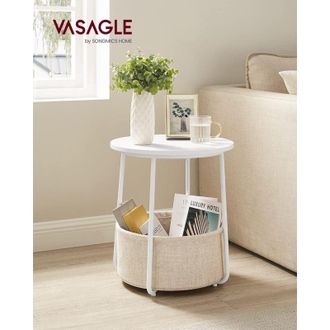 Vasagle Vasagle - Mesa Auxiliar, Mesa De Centro Redonda Con Cesta De Tela, Espaciosa, Para Sal&oacute;n, Dormitorio, Mesita De Noche, Estilo Moderno, Blanco Y Beige 