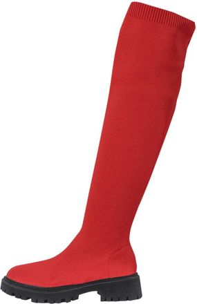 Generic Red Women Fashionable Winter Mesh Elastic Boots Featuring Round Toe and Chunky Low Heel for Over The Knee