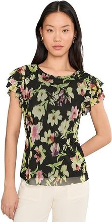 Vince Camuto 3 Layer Ruffle Short Sleeve Top Womens Clothing Rich Black : MD, Spandex/Polyester