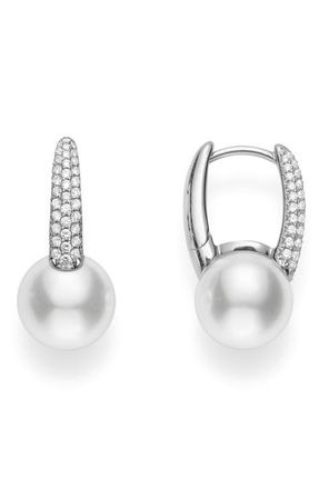 Mikimoto Akoya Cultured Pearl & Diamond Hoop Earrings in 18K White Gold at Nordstrom
