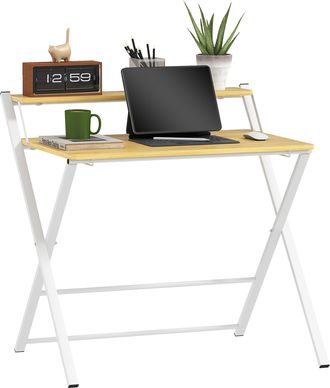 HOMCOM Folding Desk With 2-Tier Shelf For Home Office - Maple Wood-effect | TJ Hughes