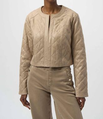 Joseph Ribkoff Foiled Faux Suede Diamond Quilt Studded Jacket In Fawn