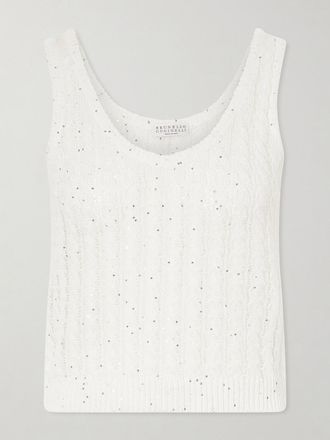Brunello Cucinelli Canotta In Misto Lino Punto A Giorno Con Paillettes - Bianco