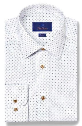 David Donahue Trim Fit Diamond Geometric Print Dress Shirt in White/Chocolate at Nordstrom Rack, Size 14.5 - 32/33