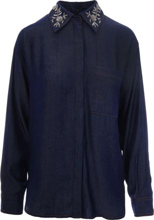 Liu Jo Chambray Denim Shirt with Removable Floral Embroidered Collar
