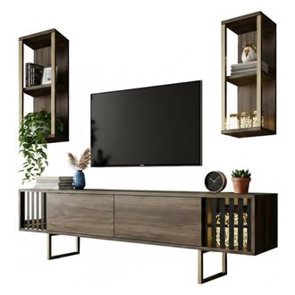 Dmora Dmora - Mueble De Televisi&oacute;n Eunomia, Aparador De Sal&oacute;n, Mueble Bajo Para Tv, Base De Pared Equipada, 180x30h48 Cm, Nogal Y Negro, Con Embalaje Reforz