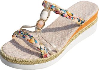 Generic Womens Espadrille Wedge Slides Bohemia Summer Vintage Beach With Flower Glitzy Jewels Outdoor Walking Slides Casual Summer Shoes