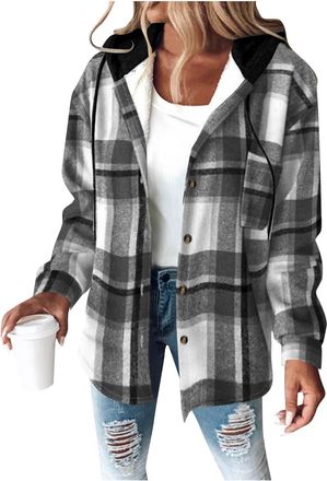 Generic Fleece Lined Coat Women - Plaid Jackets, Woolen Winter Warm Shacket, Flannel Checked Cardigan, Long Sleeve Button Down, Front Pockets, Hooded, Vintage