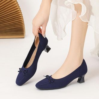 Generic Navy Womens Casual Heels Featuring Bow Knitted Toe and Thick Heel Detail Shallow Mouth for Stylish Activities and Comfort