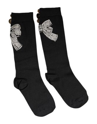 Dolce & Gabbana Black Knit Floral Crystal Embellishment Socks Virgin Wool Nylon Elastane Clothing
