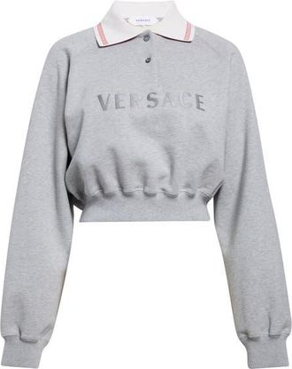 Versace Embroidered Logo Greca Collar Cotton Fleece Crop Polo Sweatshirt in Grey Melange White at Nordstrom, Size 36