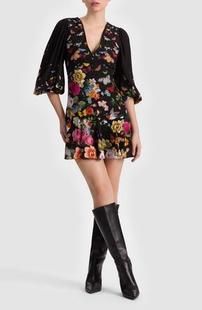 Alice & Olivia Irene Floral Long Sleeve Minidress in Solar Strength Black at Nordstrom, Size 14