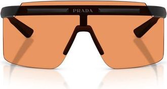 Prada 140mm Rectangular Shield Sunglasses in Matte Black /Orange at Nordstrom