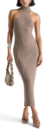 Mani&egrave;re De Voir Belina Halter Neck Knitted Maxi Dress With Chain in Taupe at Nordstrom, Size Large