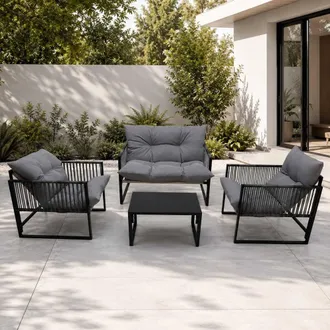 Alivio 4 Seater Iron Garden Furniture Sofa Chair Set with Coffee Table & Cushions, Grey | Size: 110 cm x 35 cm