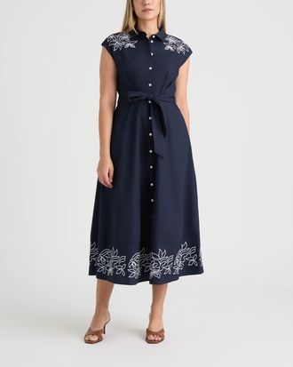 Ellen Tracy Womens Maxi Belted Dress with Embroidered Detail