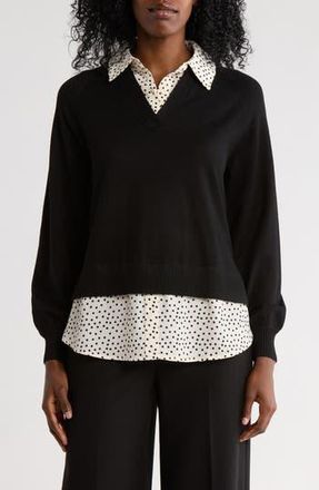 Adrianna Papell V-Neck Twofer Sweater in Black W/Cream Abstract Dot at Nordstrom Rack, Size X-Large