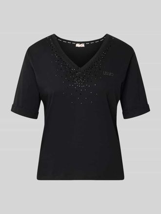 Liu Jo T-Shirt mit Strasssteinbesatz und V-Ausschnitt in Black, Gr&ouml;&szlig;e XXL