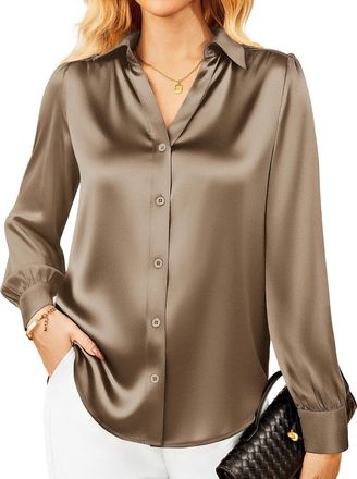 Grace Karin Womens Satin Blouse Long Sleeve Silk Shirts Regular Fit Button Down Blouse Office Business Casual Ladies Tops Dark Brown S