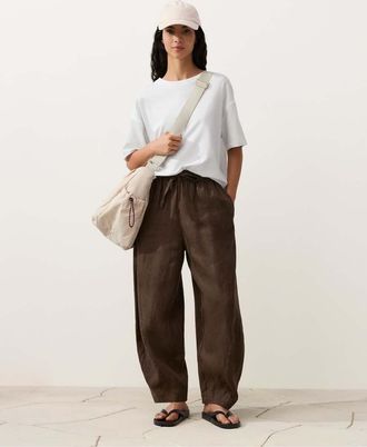 Oysho Pantaloni a palloncino marroni 100% lino-Marrone