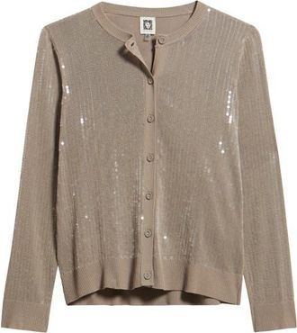 Anne Klein Sequin Metallic Stripe Crewneck Cardigan in Natural Clay at Nordstrom, Size Xx-Small