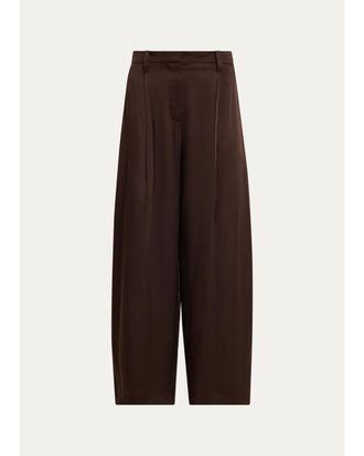 Brunello Cucinelli Fluid Silk Satin Pleated Soft Barrel-Leg Pants