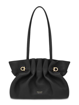 Ferragamo Ruched Lamb Leather Handbag with Gold-Tone Accents