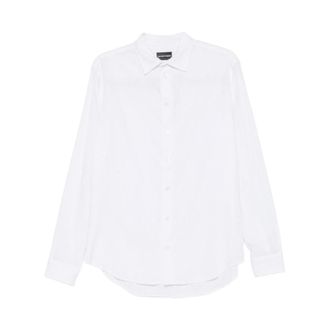 Emporio Armani Casual Shirts, male, White, Size: 2XL Button Linen Shirt
